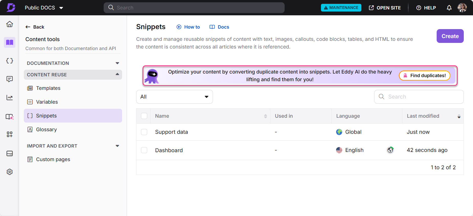 Overview of content reuse tools including snippets, templates, and glossary options.
