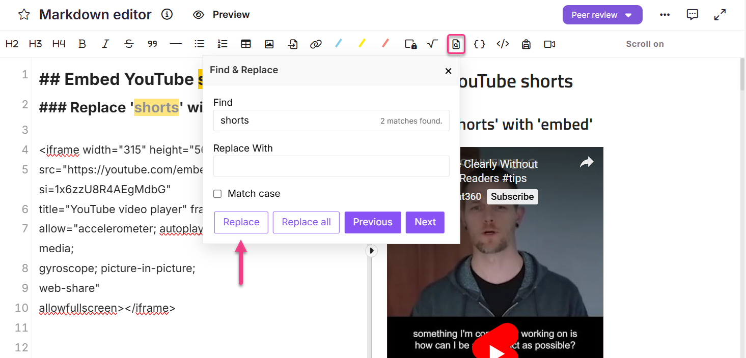 Markdown editor showing a find and replace feature for YouTube shorts.