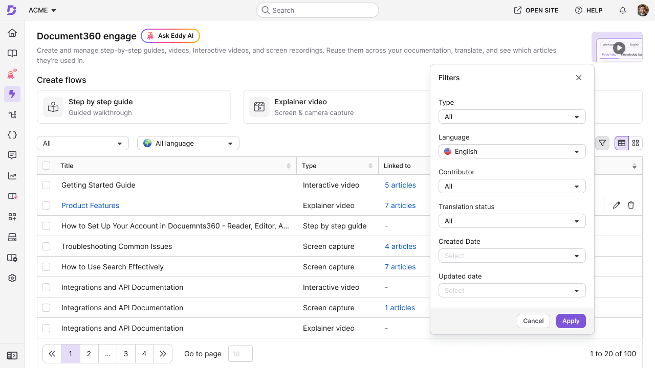 Filters panel with Type, Language, Contributor, Translation status, Created date, and Updated date filters