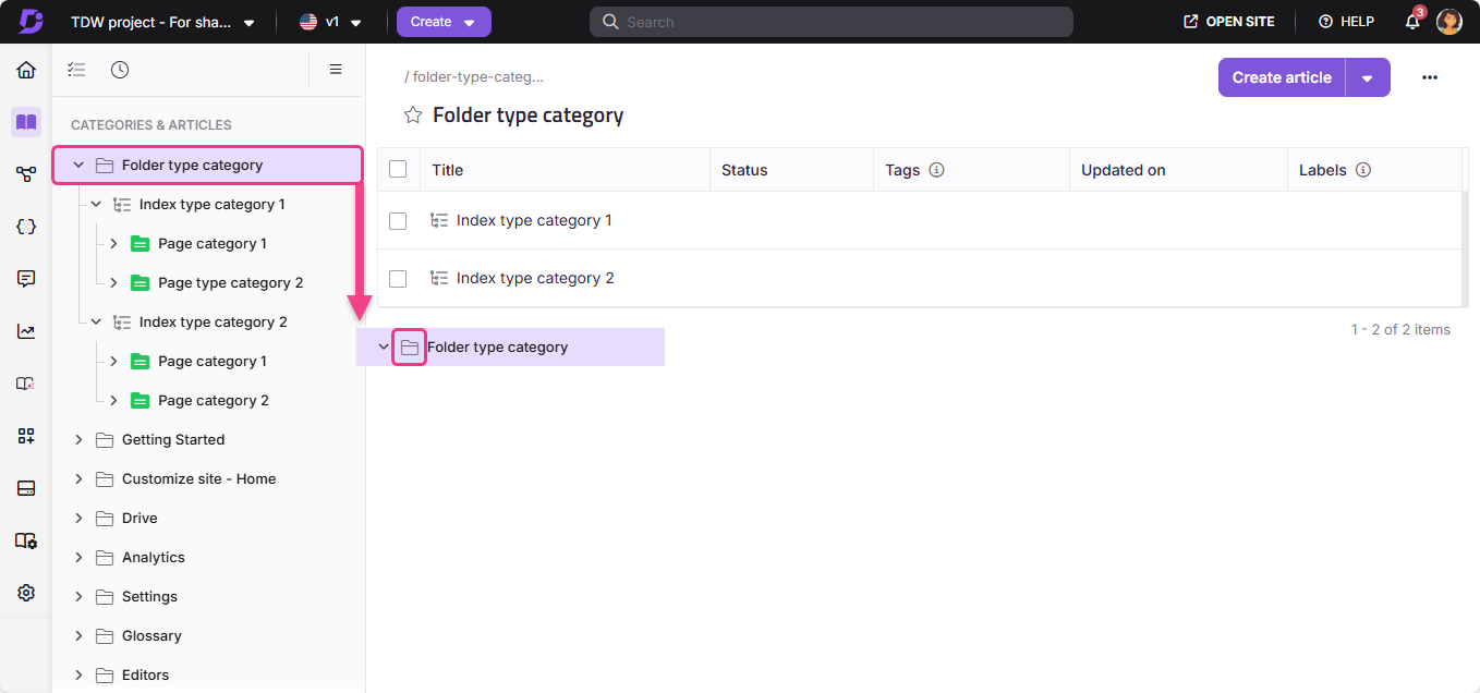 Interface displaying folder categories and articles with highlighted folder type category.