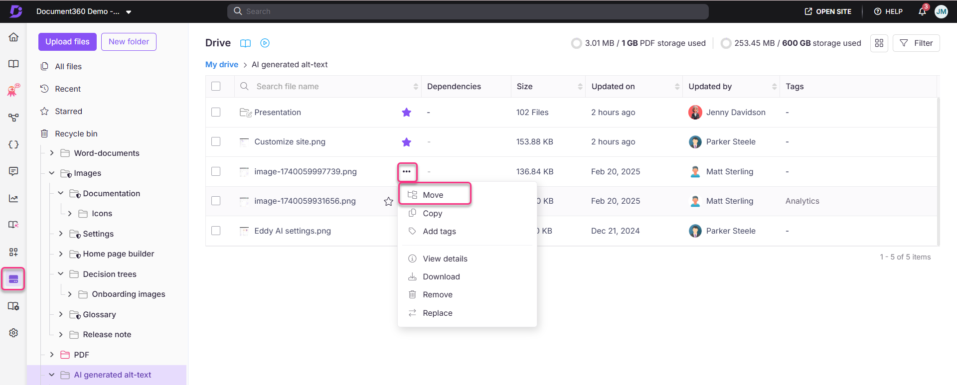 File management interface showing options to move, copy, and manage documents.