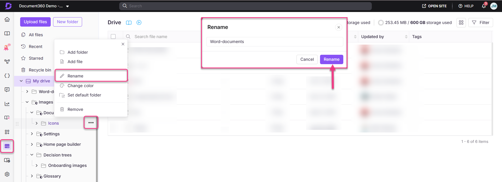 Menu options for renaming a folder in Document360's file management interface.