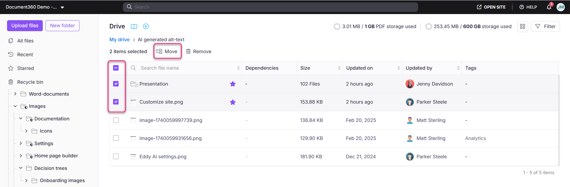 File management interface showing selected items with options to move or remove them.