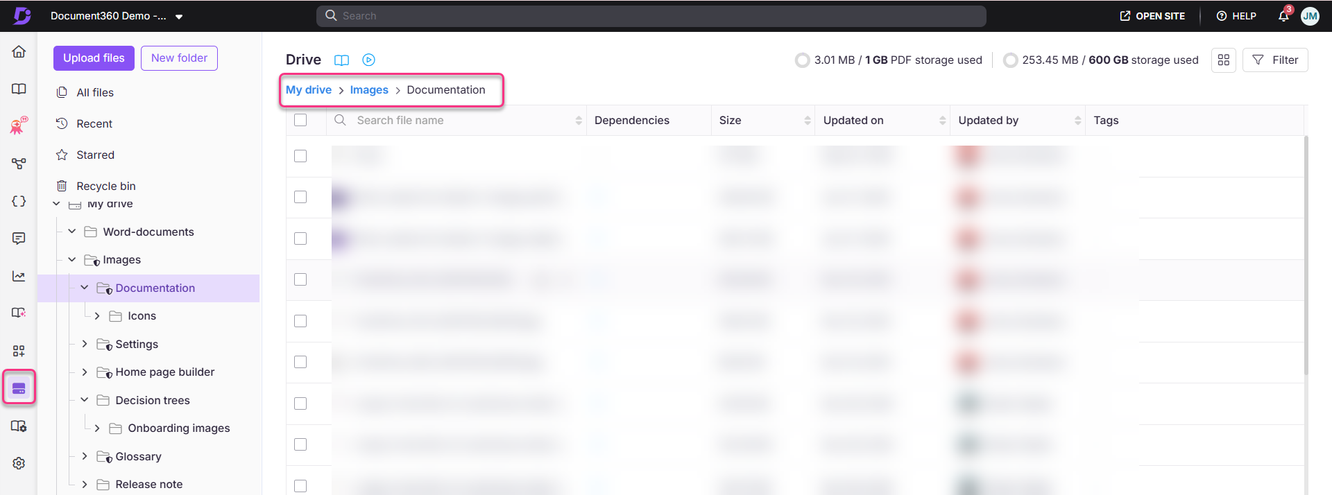 Document360 interface showing file organization and storage usage details in the drive.