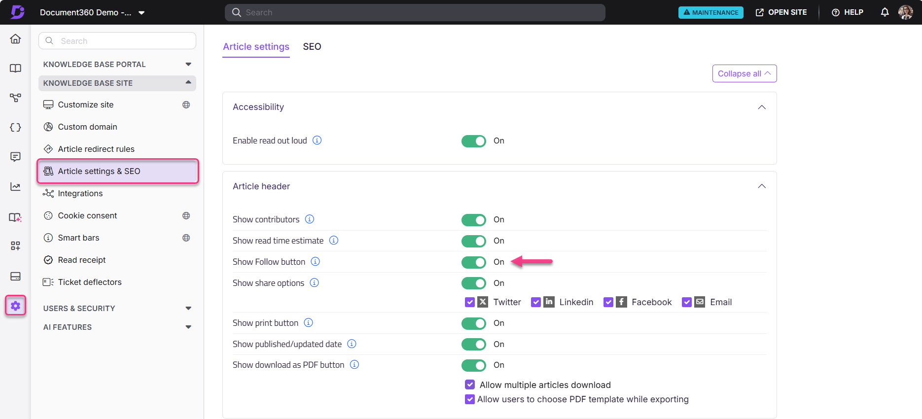 Settings for article features including SEO options and sharing buttons are displayed.