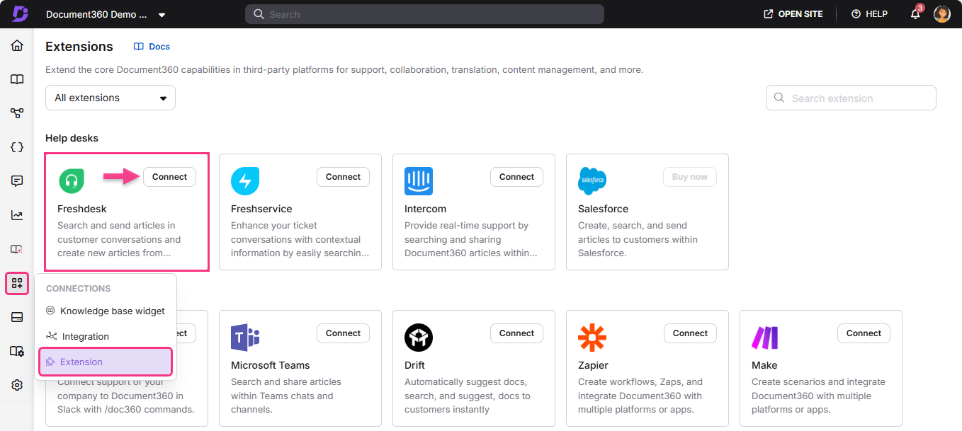 Document360 interface showing various extensions with a focus on connecting Freshdesk.