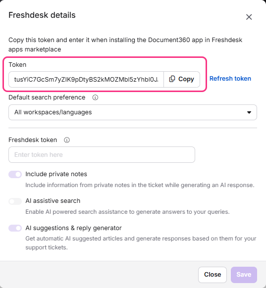 Instructions to copy a token for installing Document360 in Freshdesk marketplace.