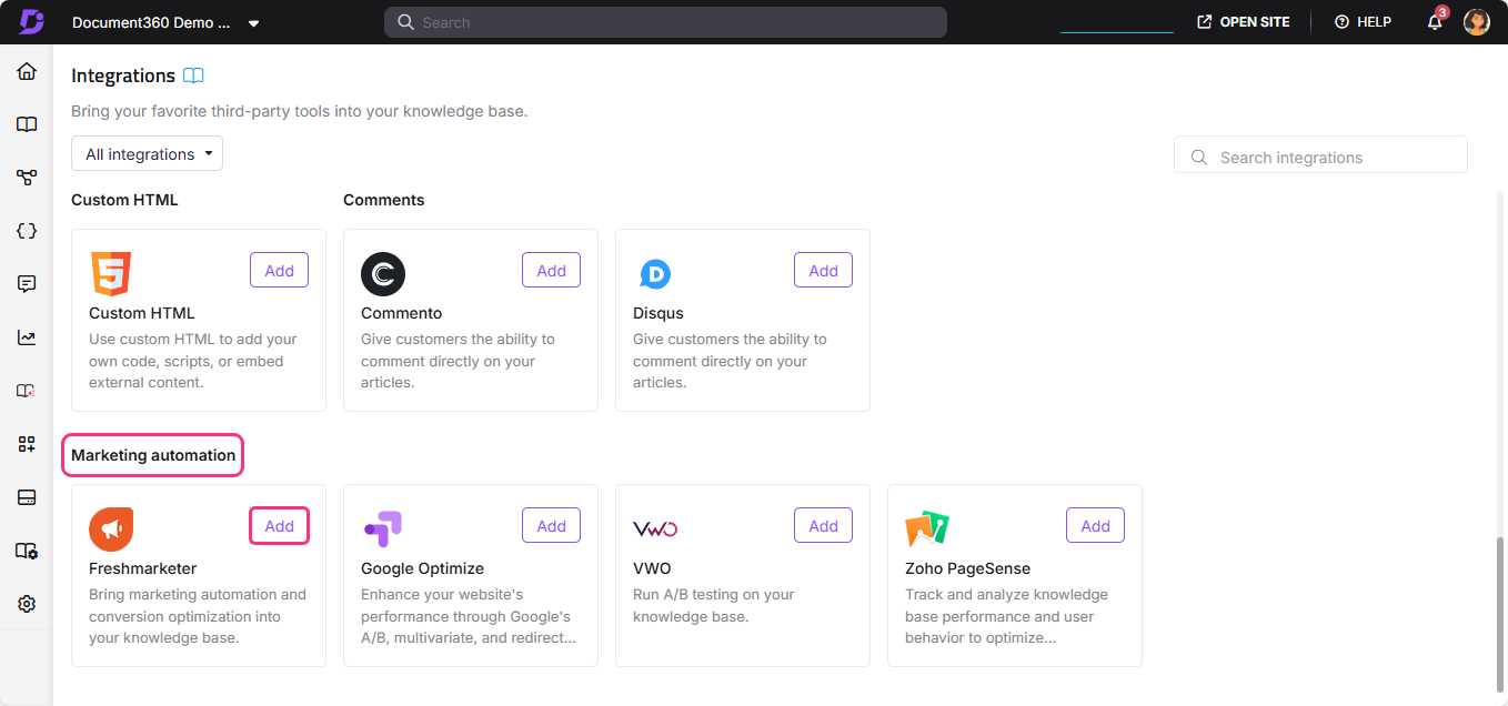 Integration options for marketing automation and other tools in Document360 interface.
