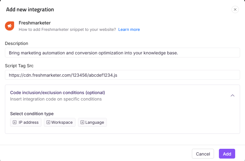 Instructions for adding Freshmarketer integration with description and script tag source.