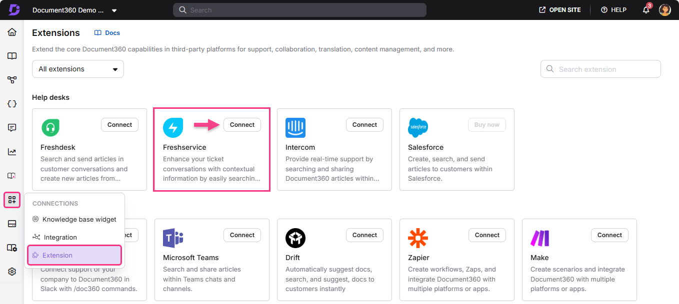 Document360 extensions page highlighting the Freshservice connection option for ticket management.