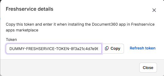 Freshservice token details for Document360 app installation instructions and token display.