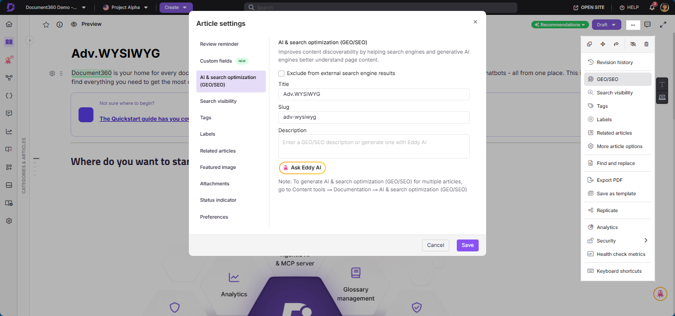 SEO option in the More menu of the article header