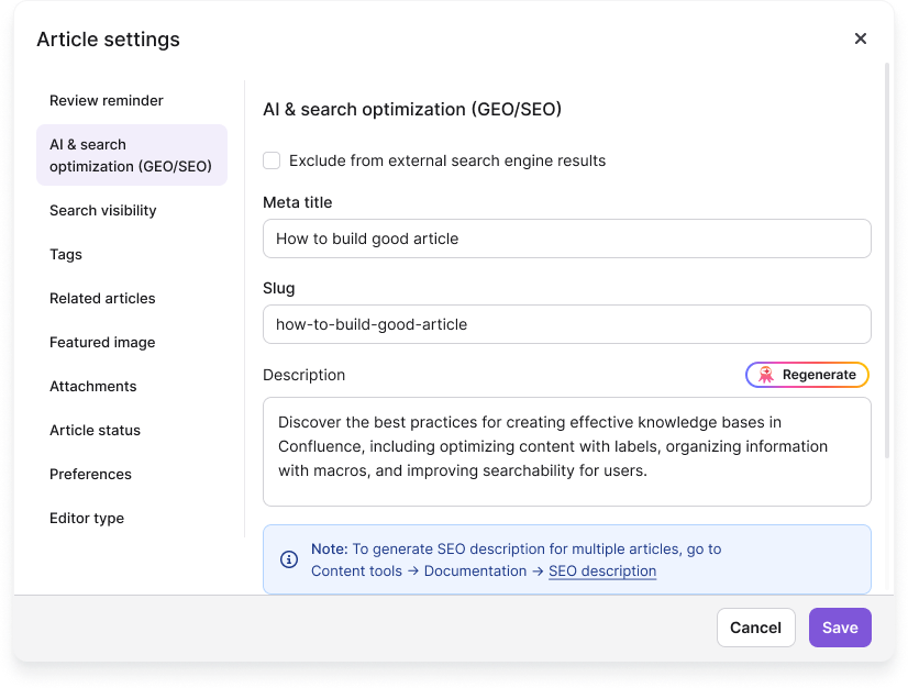 GEO/SEO tab in the Article settings panel showing meta title, slug, and description fields