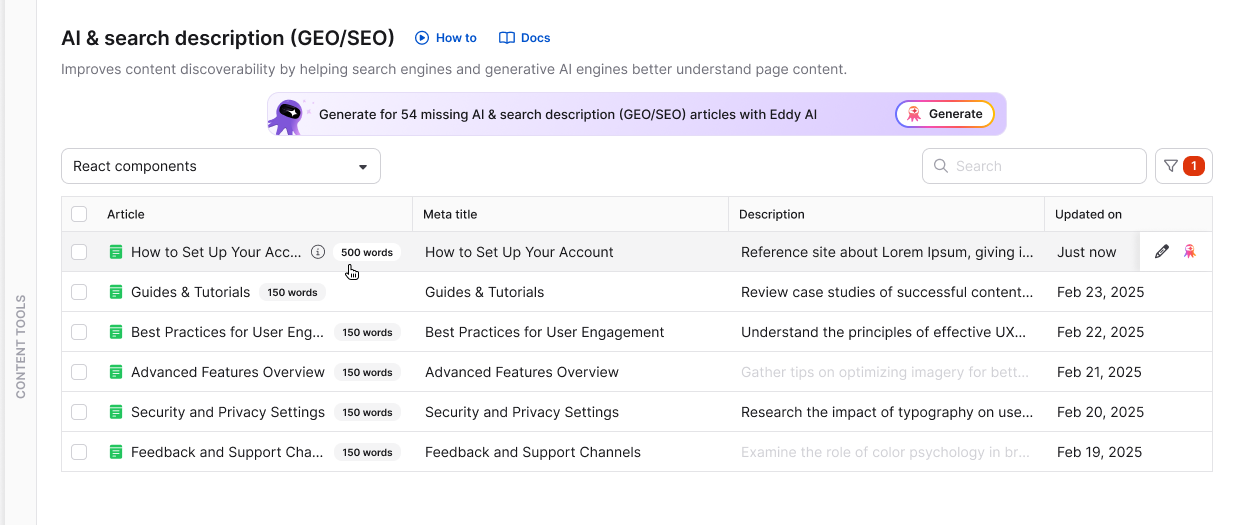 AI & search description page showing selected articles with the Generate AI & search description button