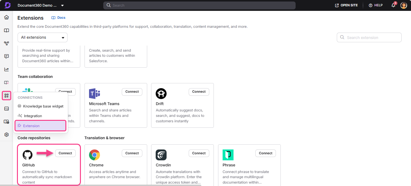 Document360 interface showing extensions for team collaboration and code repositories.