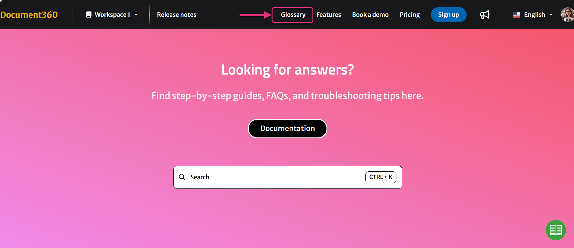 Document360 interface showing the Glossary section and search functionality for users.