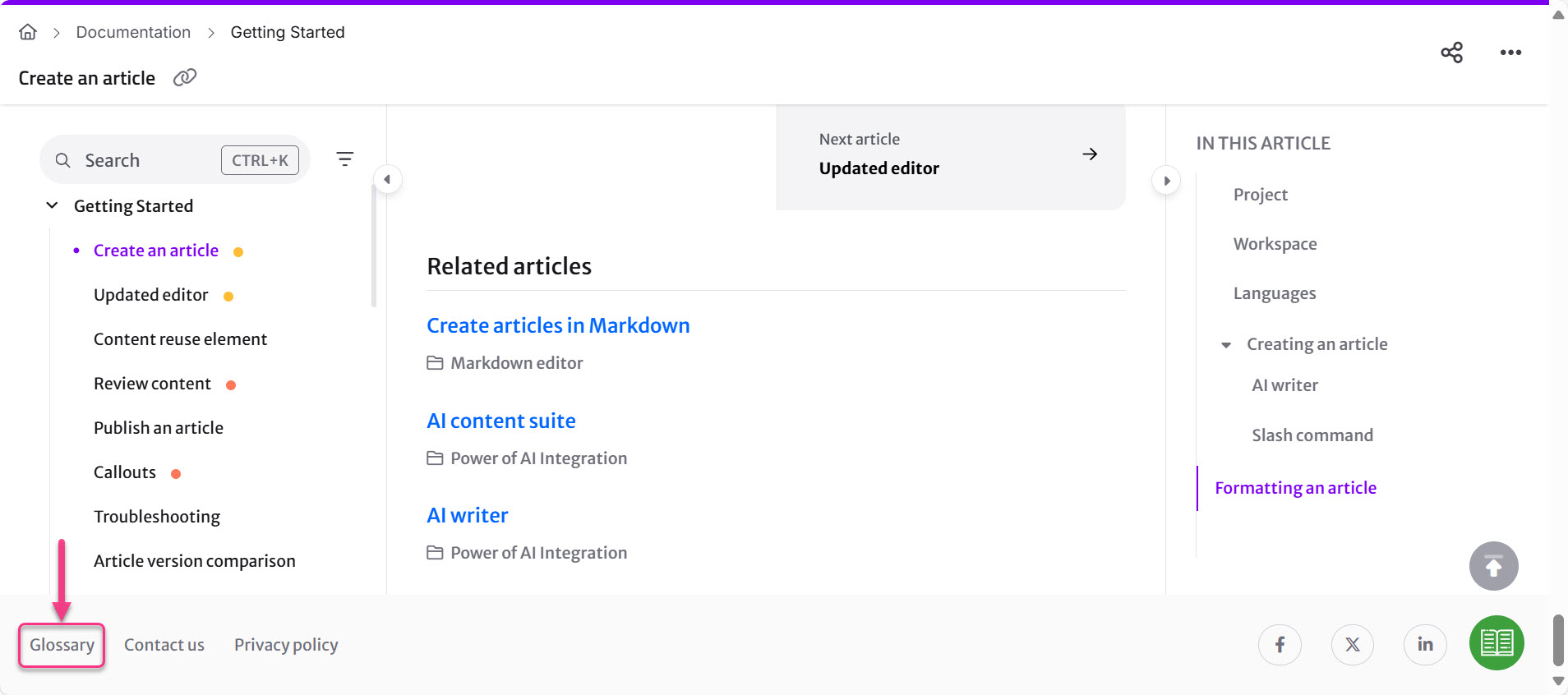 Navigation panel showing article creation options and related articles for documentation.