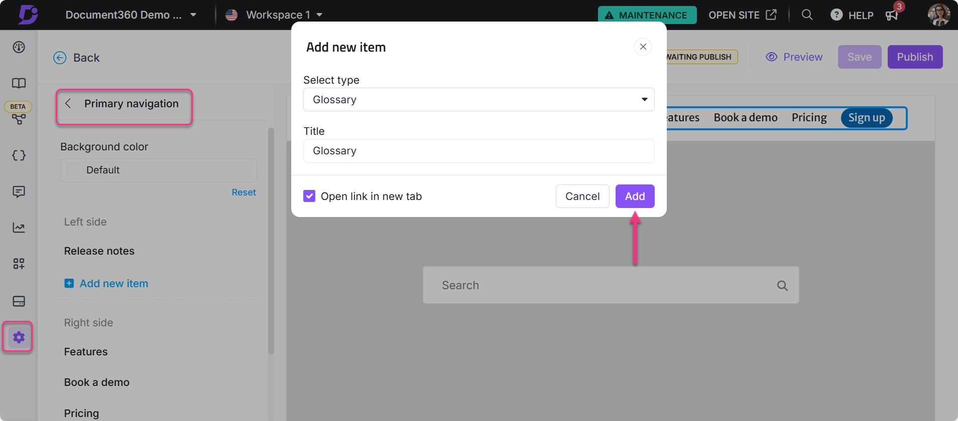 Adding a new glossary item in the Document360 interface with highlighted options.