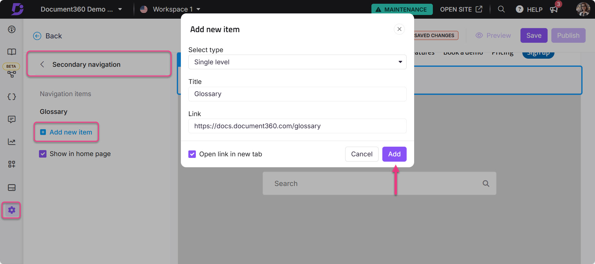User interface for adding a new item in a glossary section of a document.