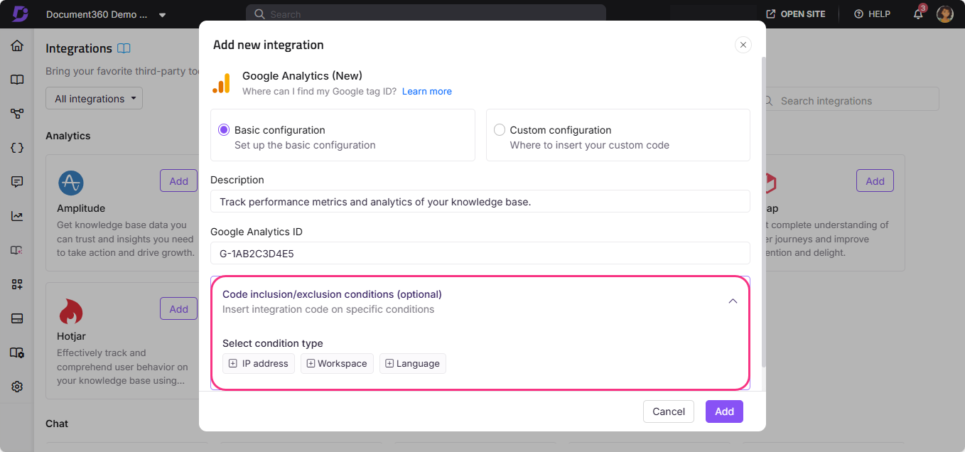 Integration setup for Google Analytics with options for code inclusion and condition types.