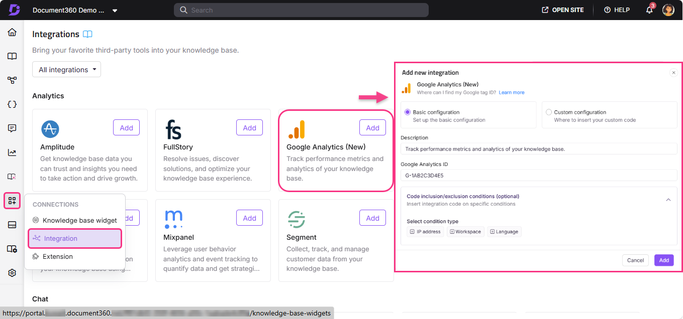 Integration options for Google Analytics in Document360, including configuration settings and ID.