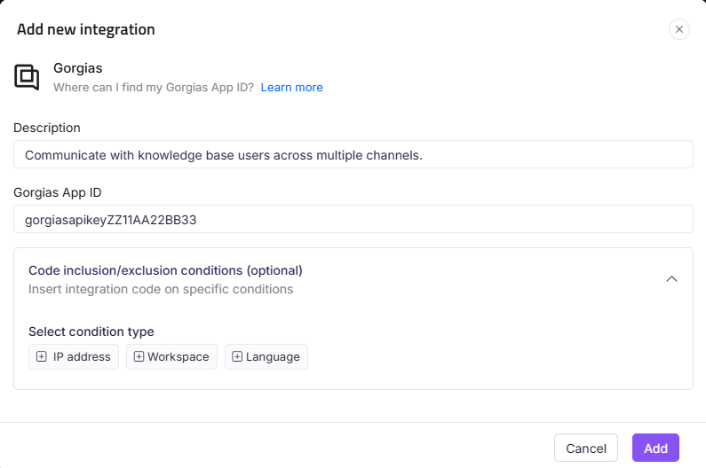 Integration setup for Gorgias with description and App ID fields visible.