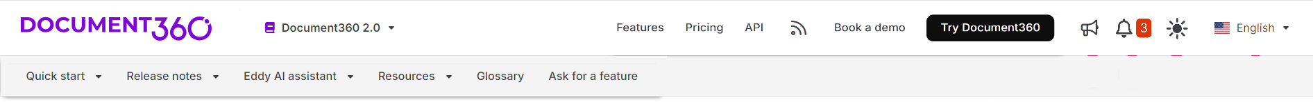 Header section of the Knowledge base site showing logo, workspace selector, navigation, and icons.