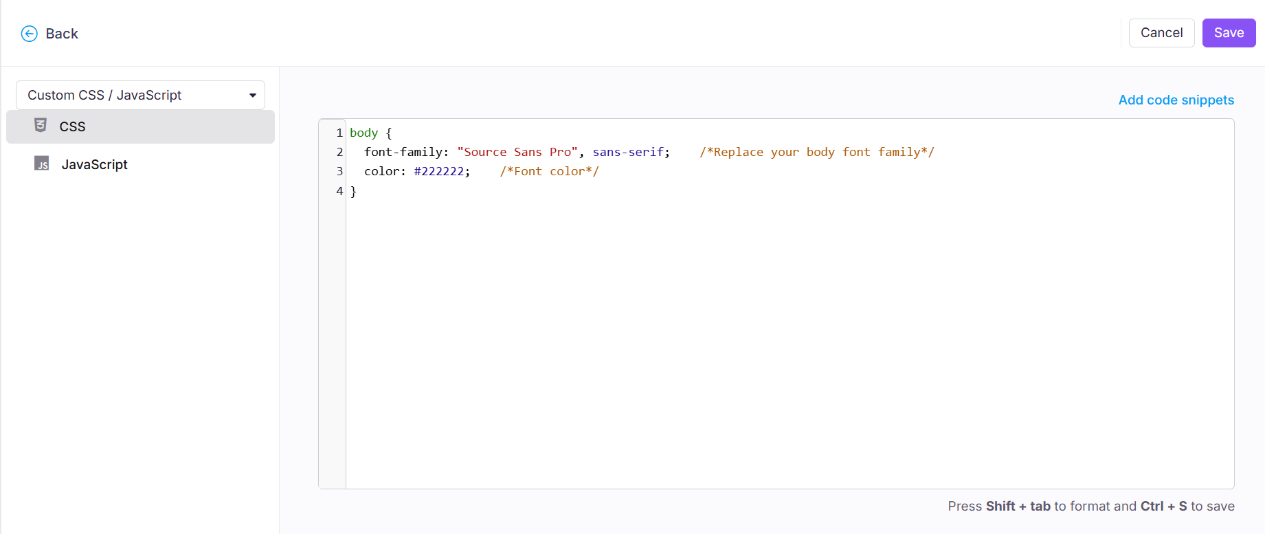 CSS code snippet showing font family and color settings for a webpage body.
