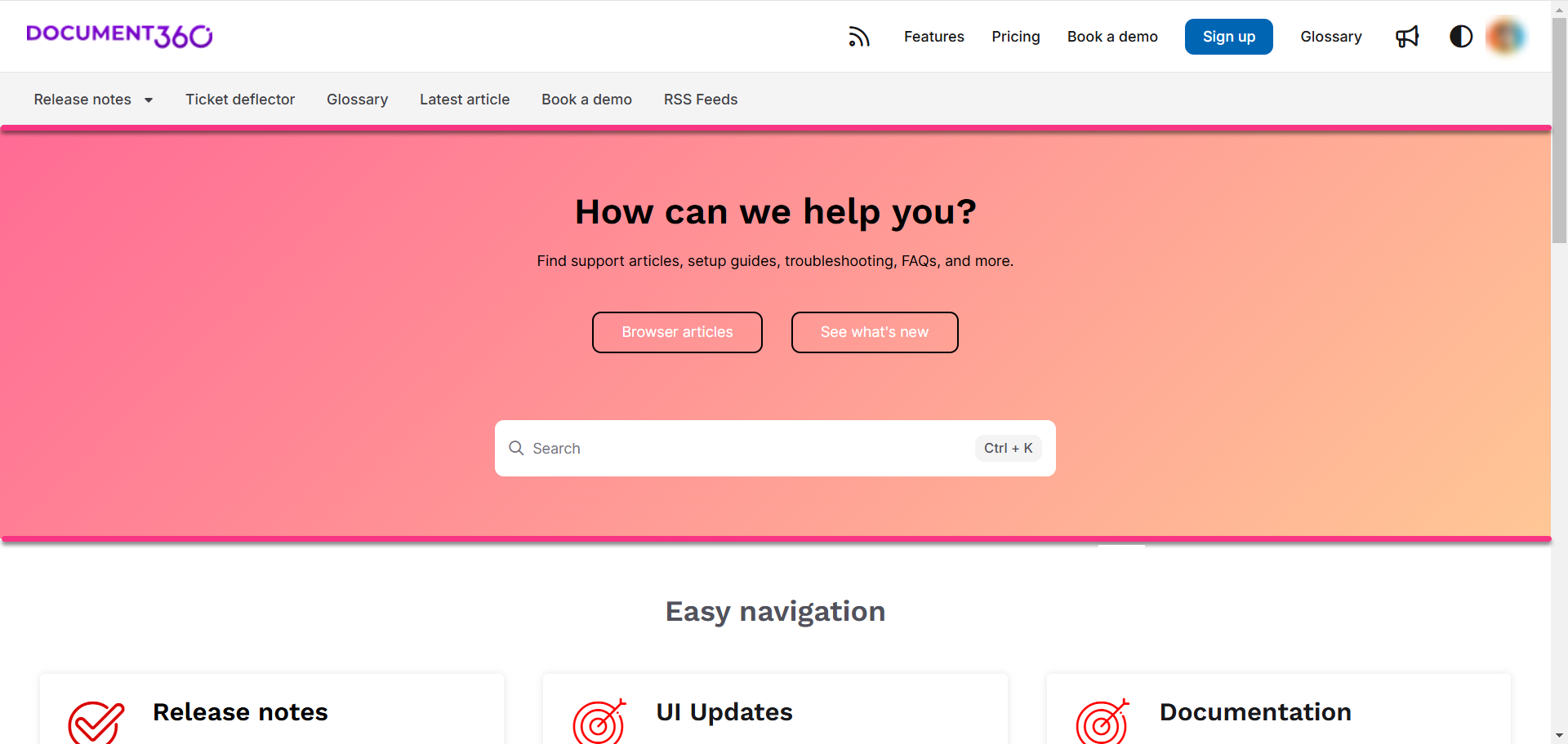 Knowledge base site showing the Hero section with customized heading, promo text, buttons, and search bar