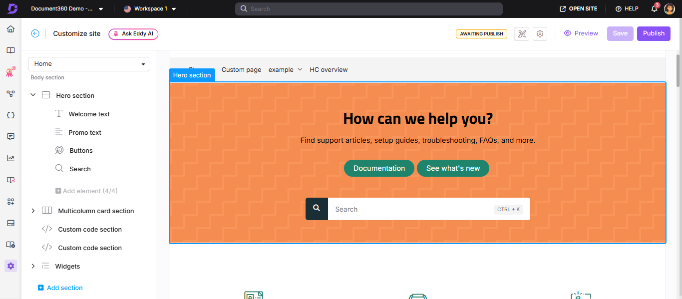 Hero section left panel showing Welcome text, Promo text, Buttons, and Search elements