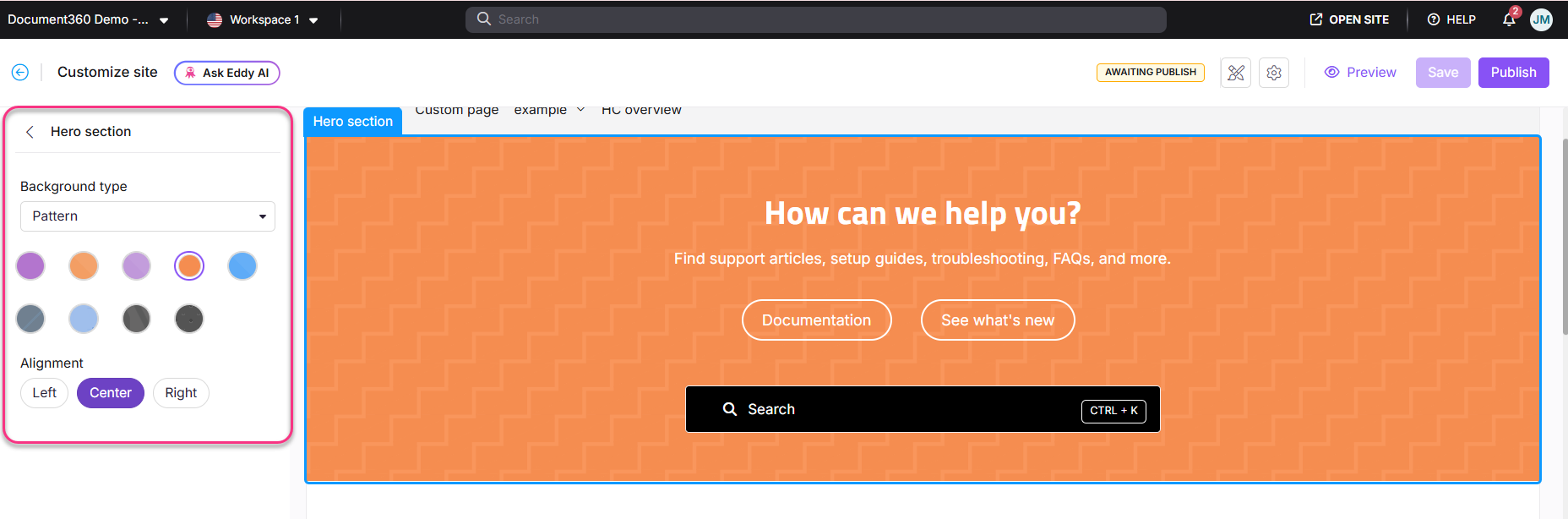 Customize the hero section with background patterns and alignment options for your site.