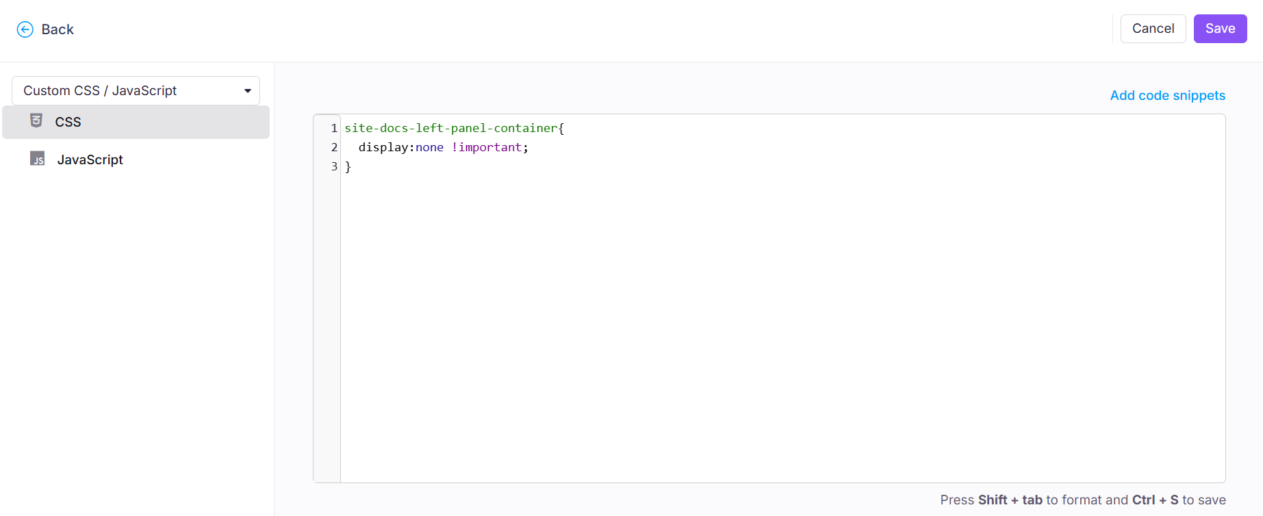 CSS code snippet showing a style rule to hide a left panel container.