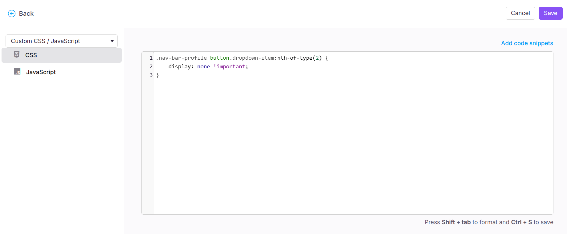 CSS code snippet for hiding specific dropdown items in a navigation bar profile.