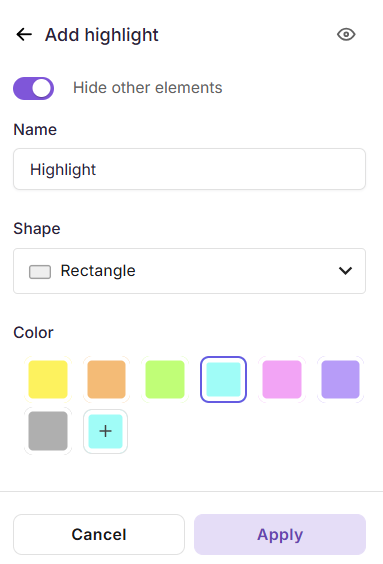 Settings menu for adding highlights with options for shape and color selection.