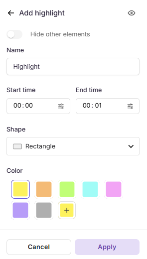 Interface for adding highlights with options for name, time, shape, and color.