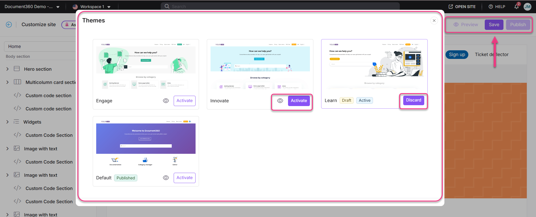 Document360 interface showcasing theme options with activation and publishing buttons highlighted.