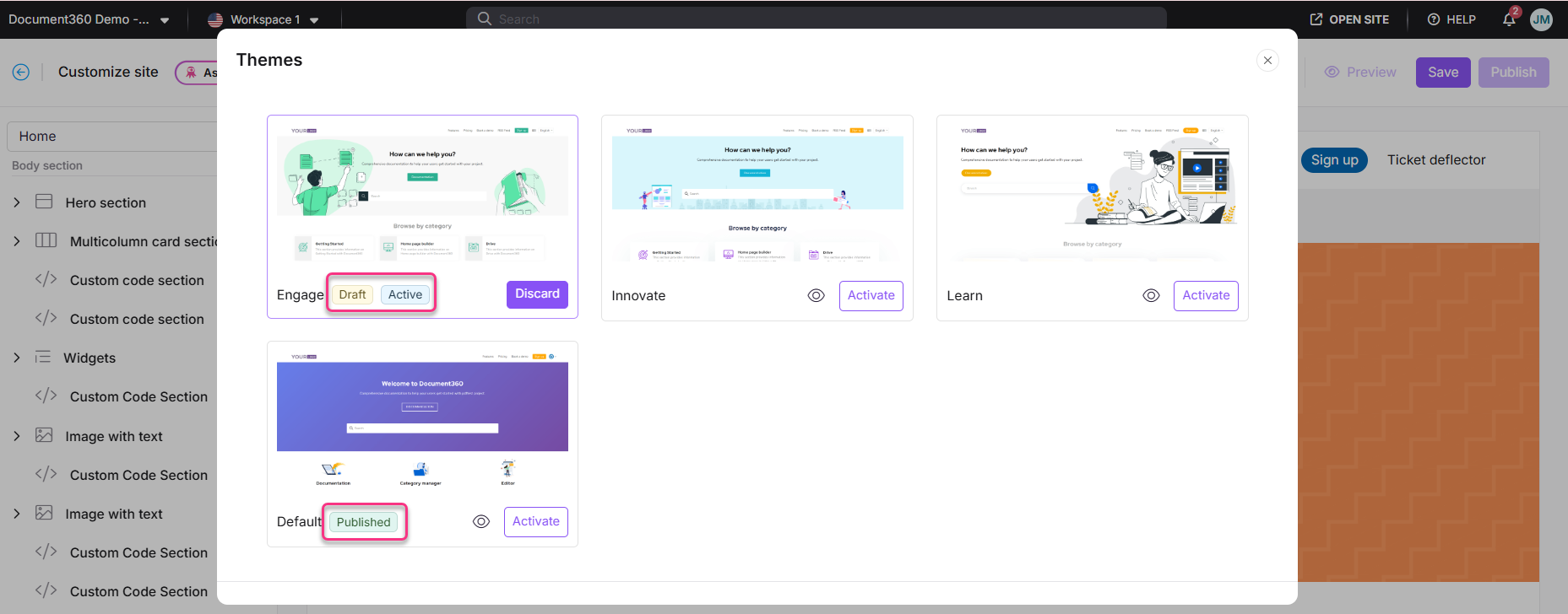 Theme selection interface showing active, draft, and published statuses for customization.
