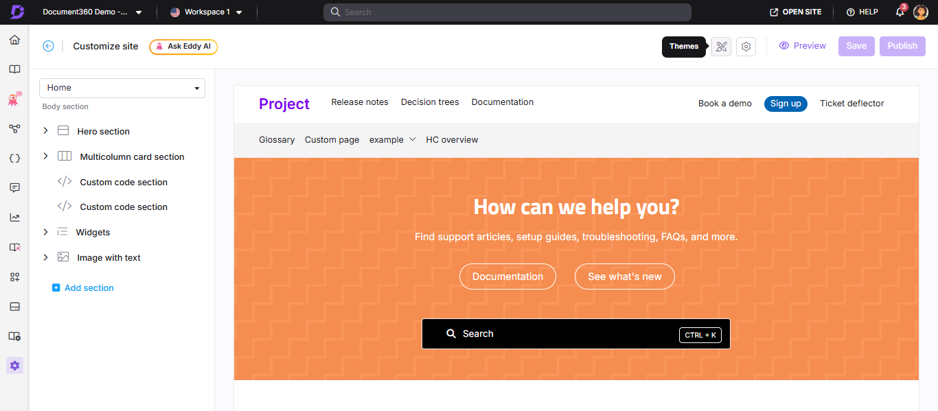 Home page builder showing the Themes panel with Engage, Innovate, Learn, and Default options
