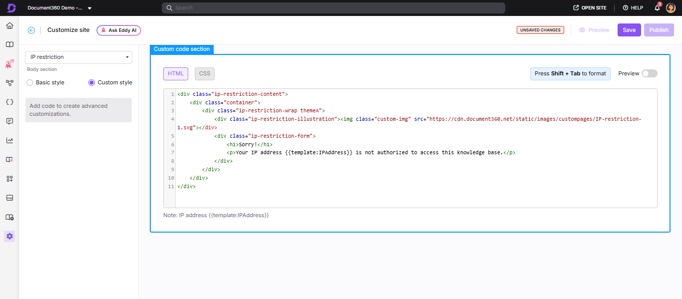 Custom style editor for the IP restriction page