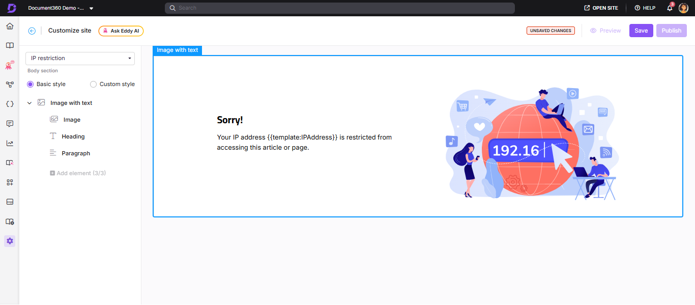 IP restriction page customization panel in the Customize site builder