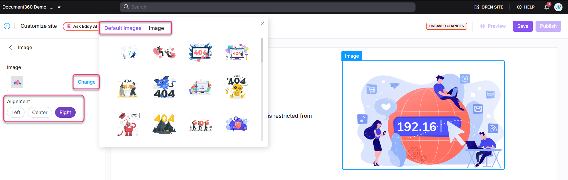 Image selection interface showing alignment options and a highlighted image with a value.