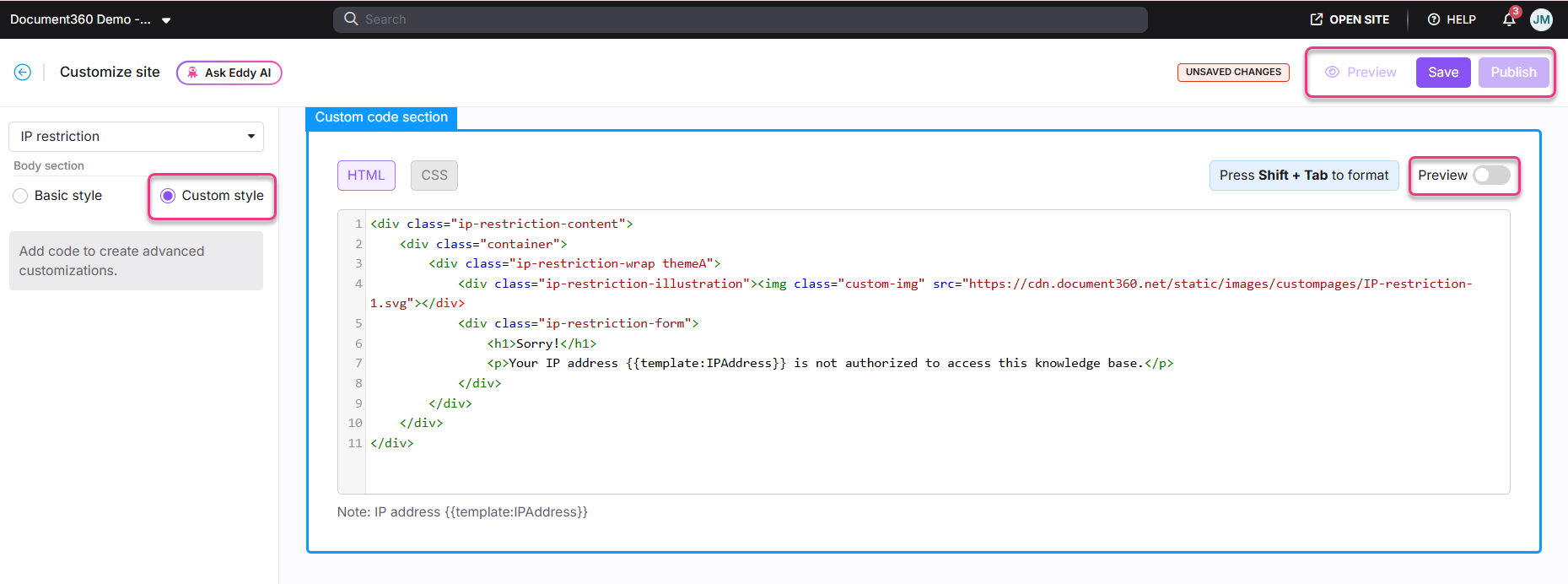Customizing site settings with IP restriction and code section options displayed.