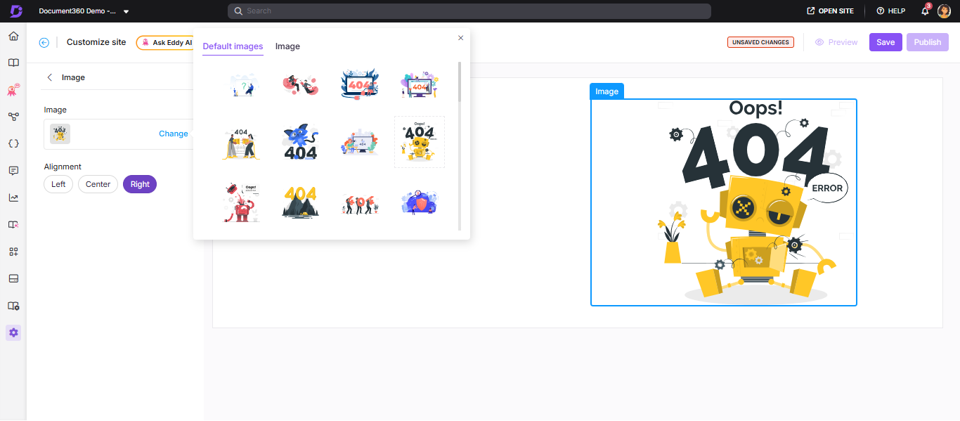 Image selection interface showing alignment options and default images