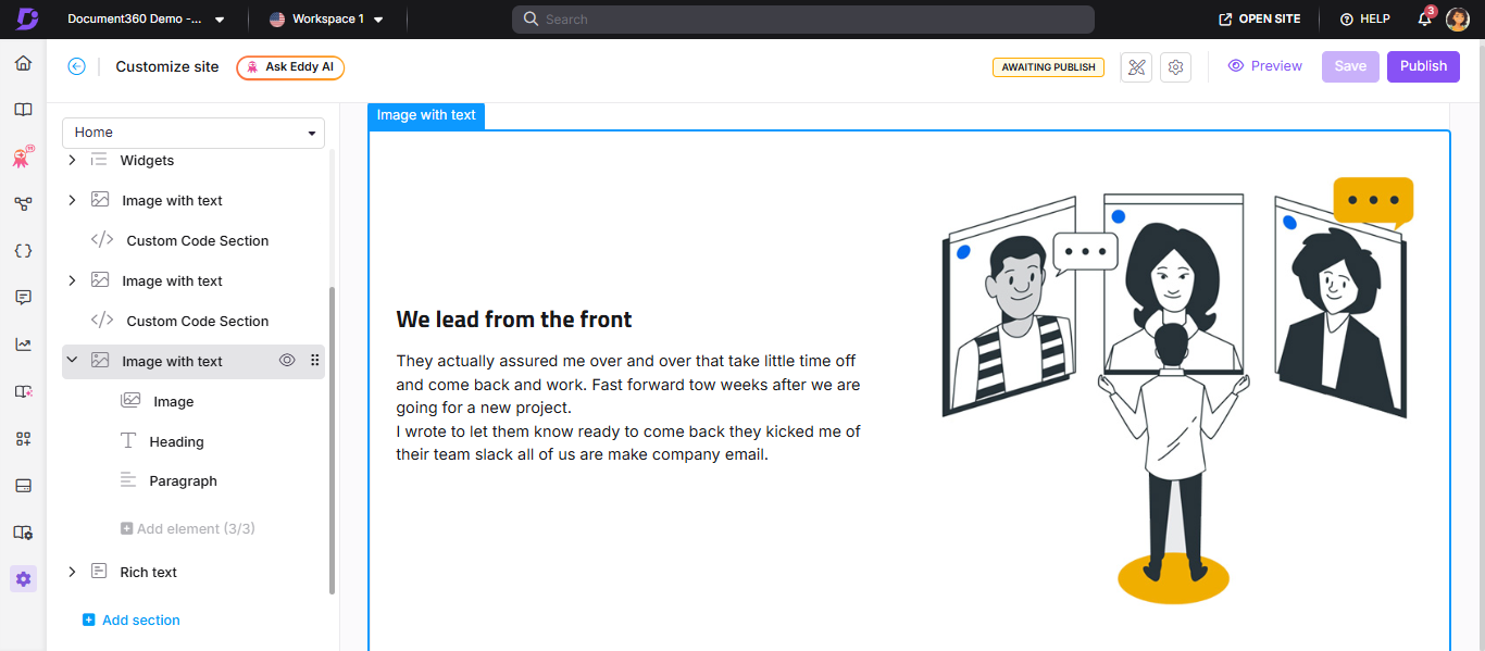 Home page builder showing an Image with text block expanded with Image, Heading, and Paragraph elements