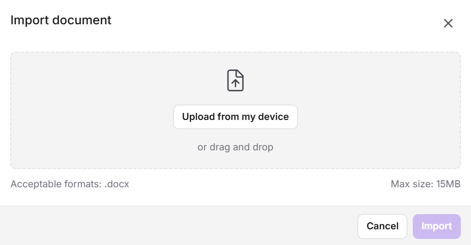 Interface for importing documents with options to upload or drag and drop files.