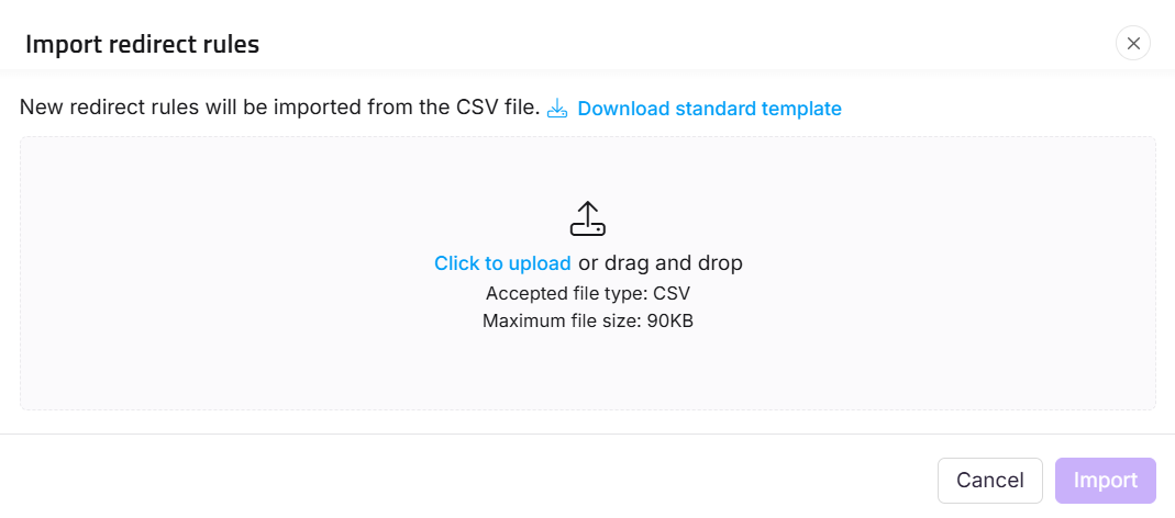 Instructions for importing redirect rules from a CSV file with upload options.
