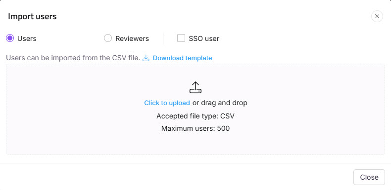 Import users from a CSV file with options for user types and upload instructions.