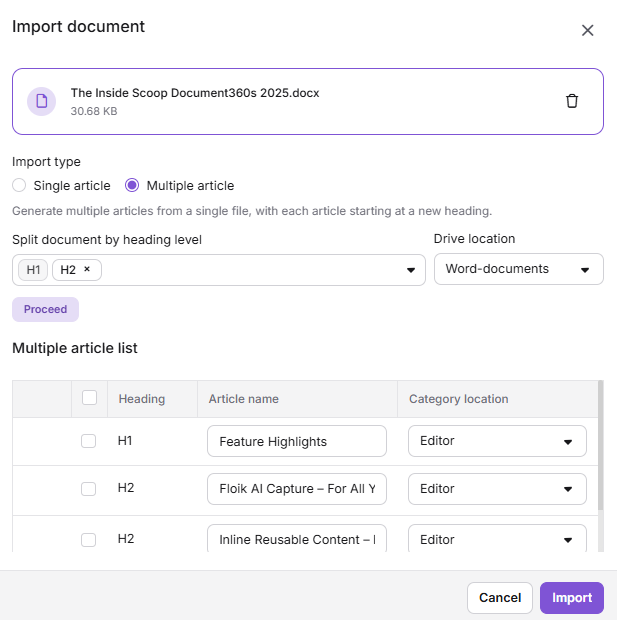 Document import interface showing multiple article options and headings for organization.