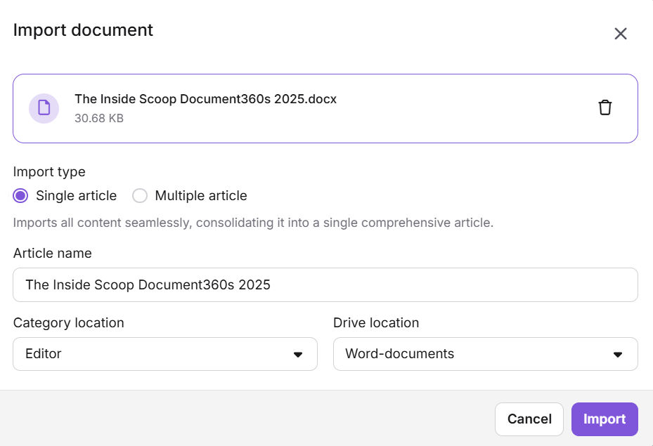 Import document interface showing options for single or multiple article imports.