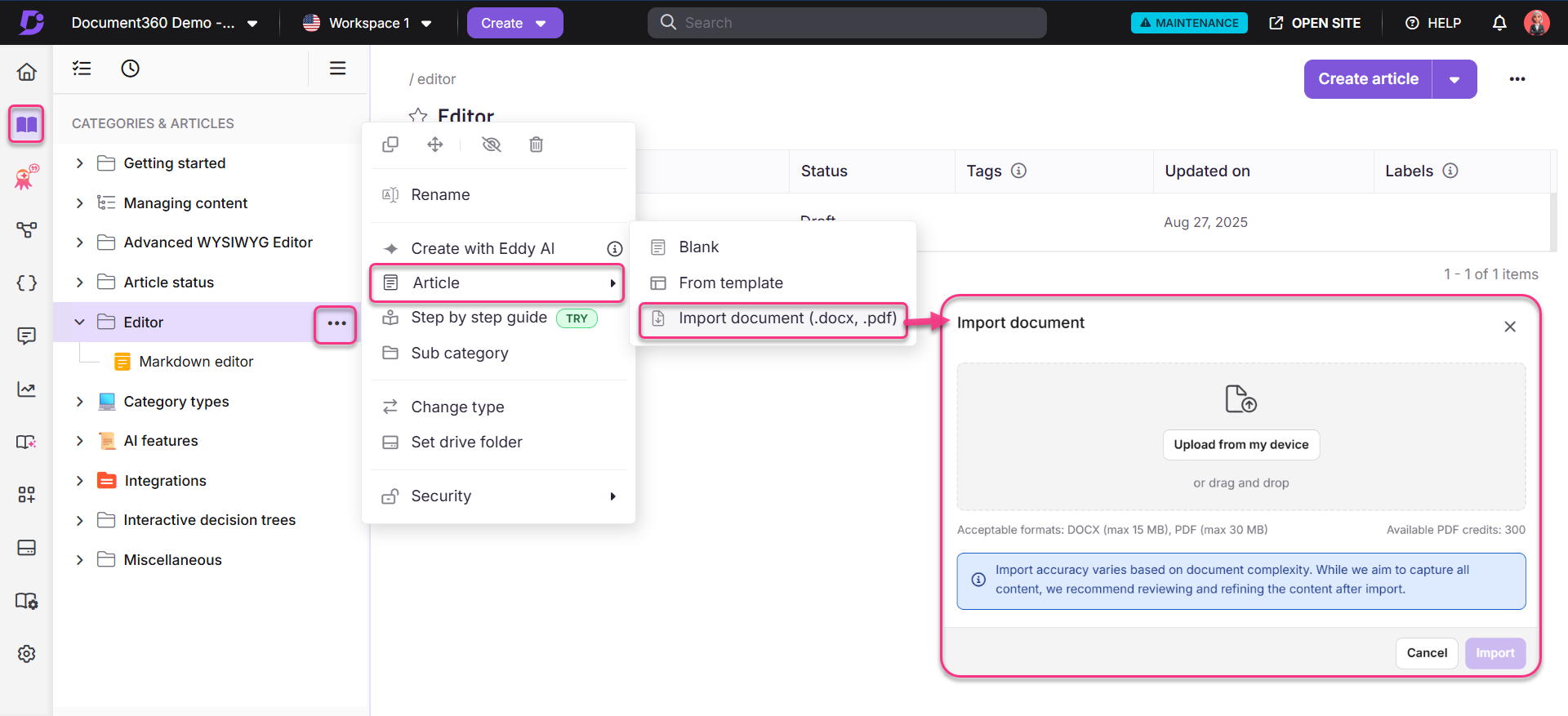 Menu options for creating an article and importing documents in the editor interface.